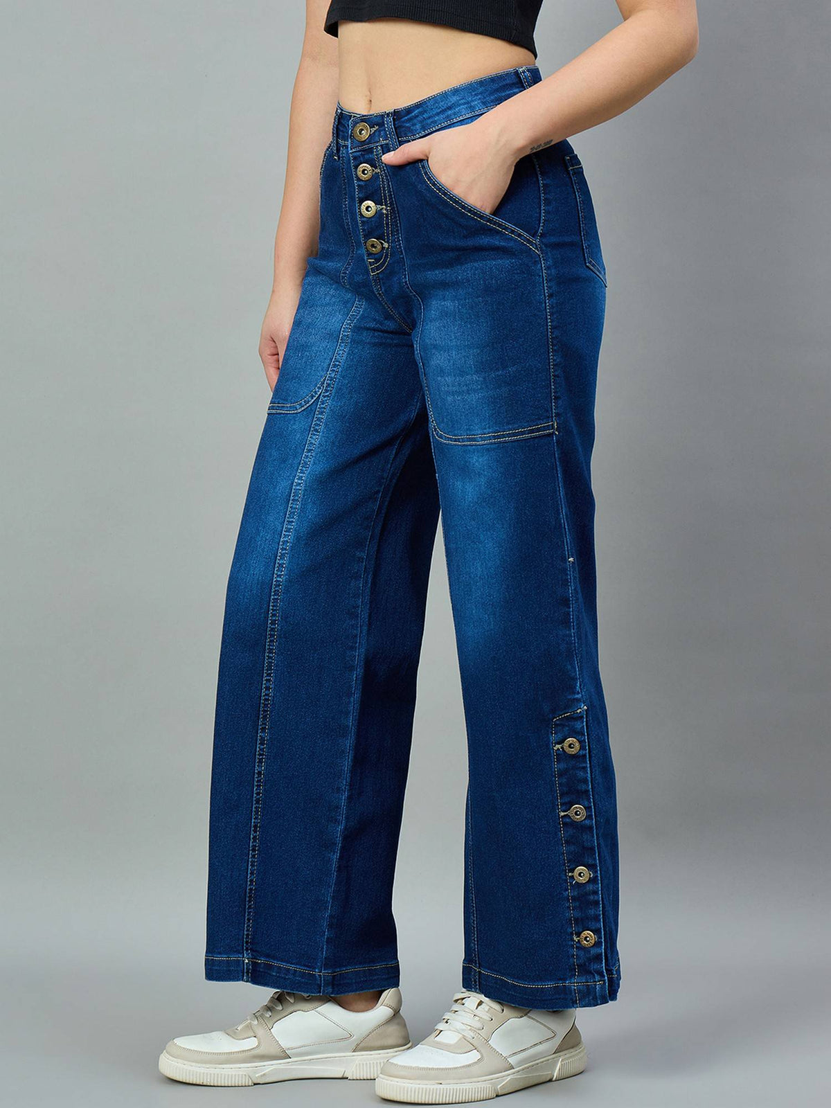 Mid Blue Wide Leg High-Rise Stretchable Jeans | WL90 - view 3
