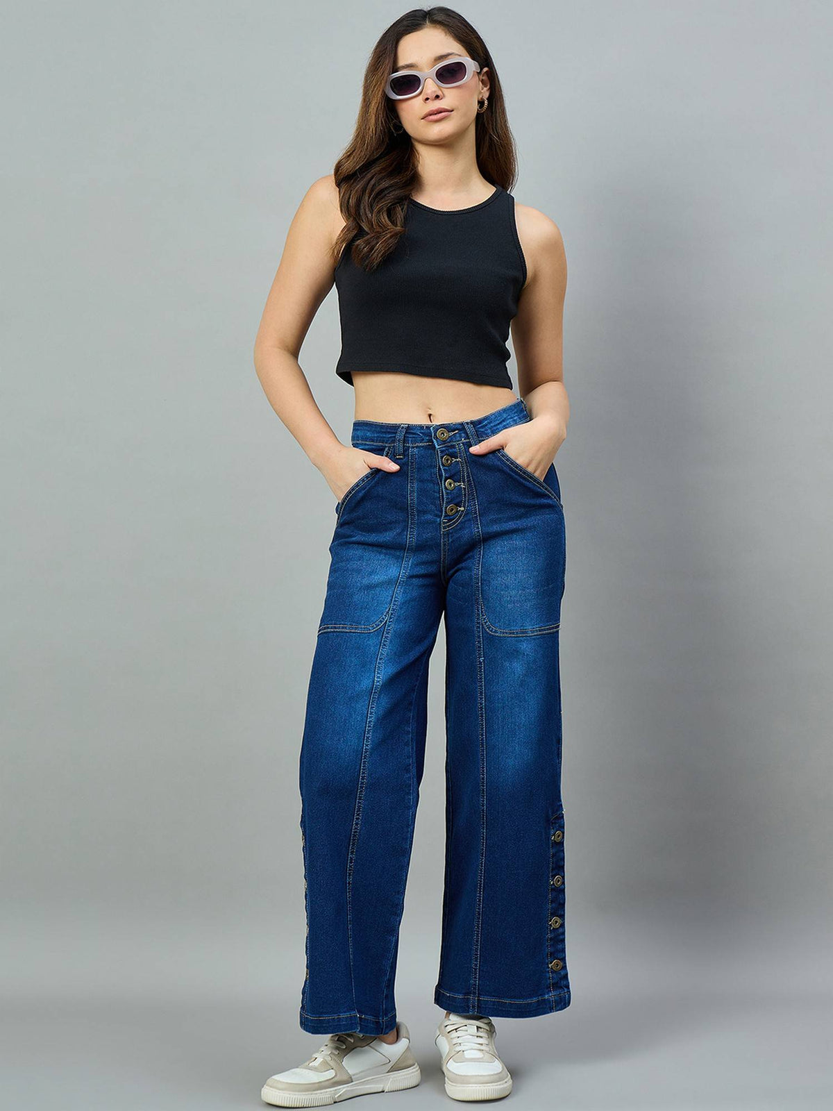 Mid Blue Wide Leg High-Rise Stretchable Jeans | WL90 - view 5