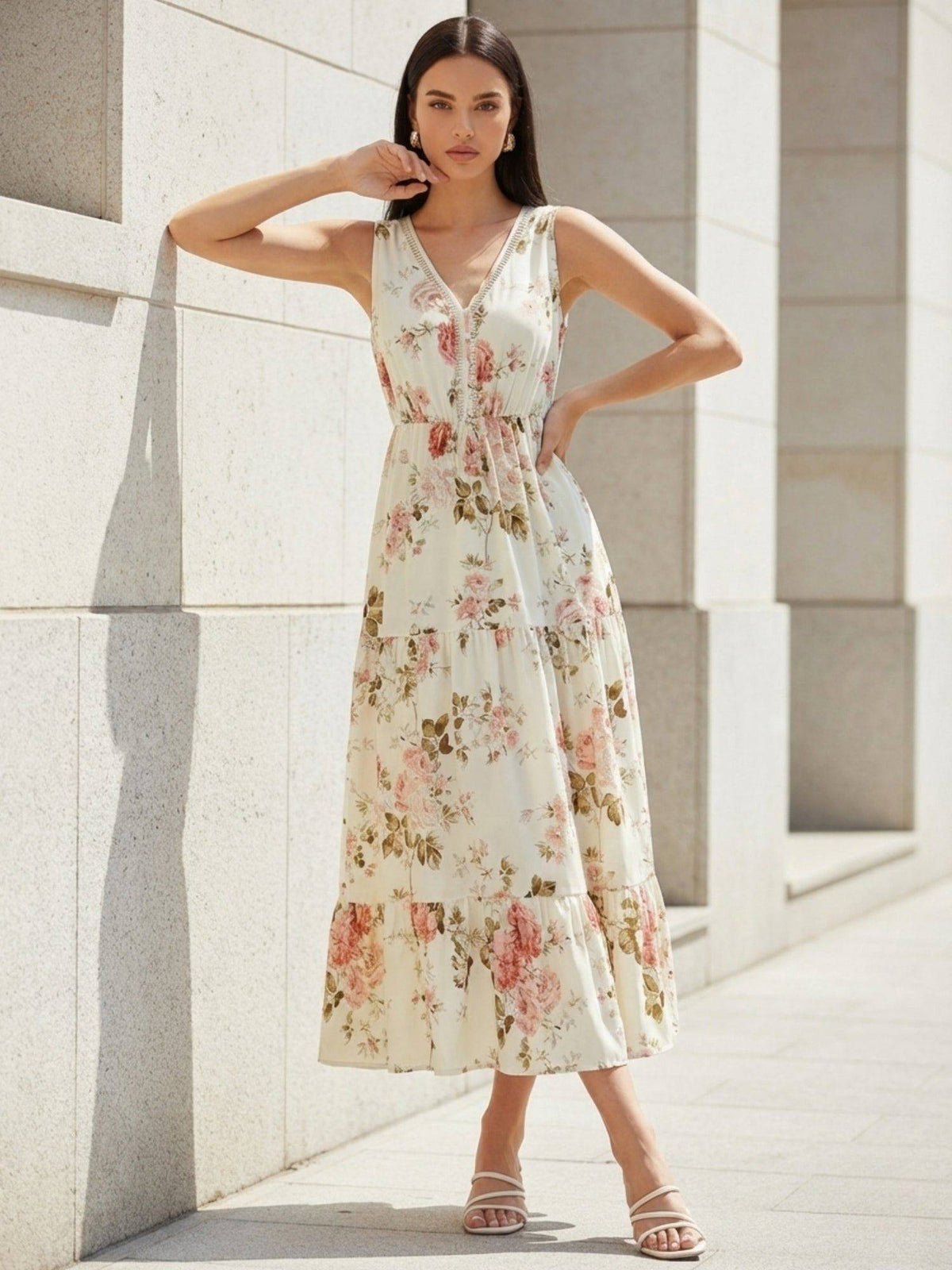 Cream V-Neck Floral Printed Dress | D56 - view 1