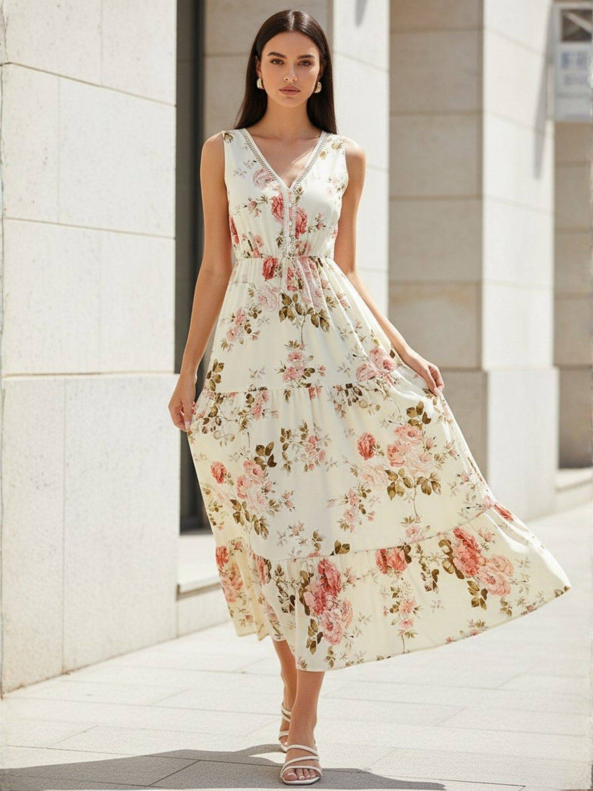 Cream V-Neck Floral Printed Dress | D56 - view 2