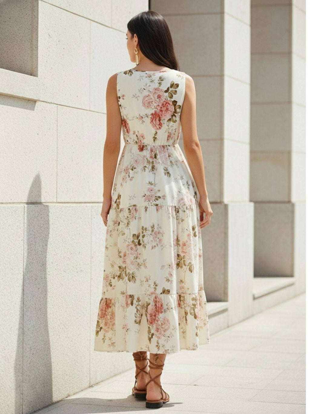 Cream V-Neck Floral Printed Dress | D56 - view 3