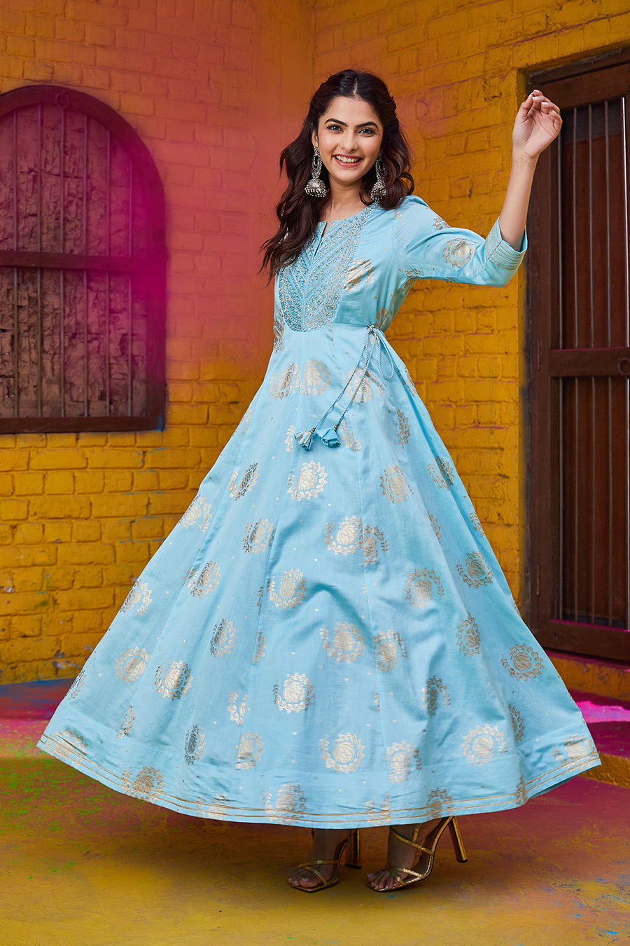 Sky Blue Foil Printed Festive Flared Dress  E45
