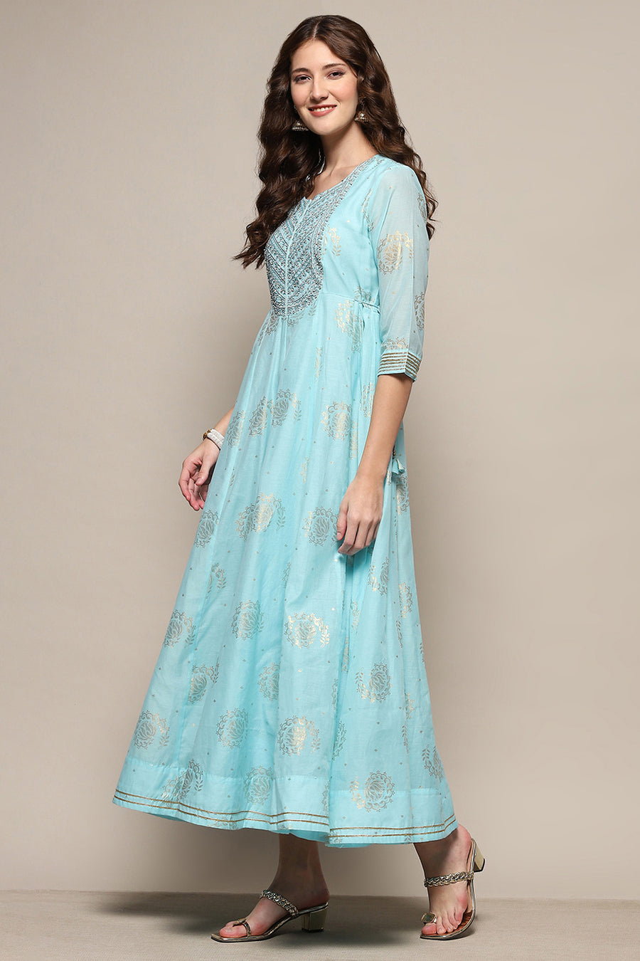 Sky Blue Foil Printed Festive Flared Dress E45