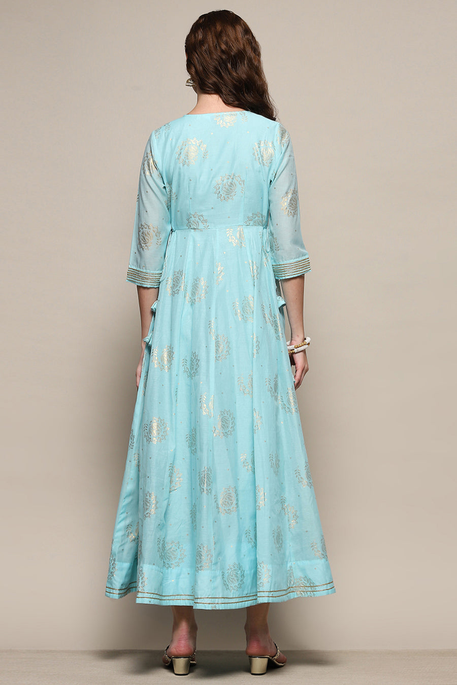 Sky Blue Foil Printed Festive Flared Dress E45