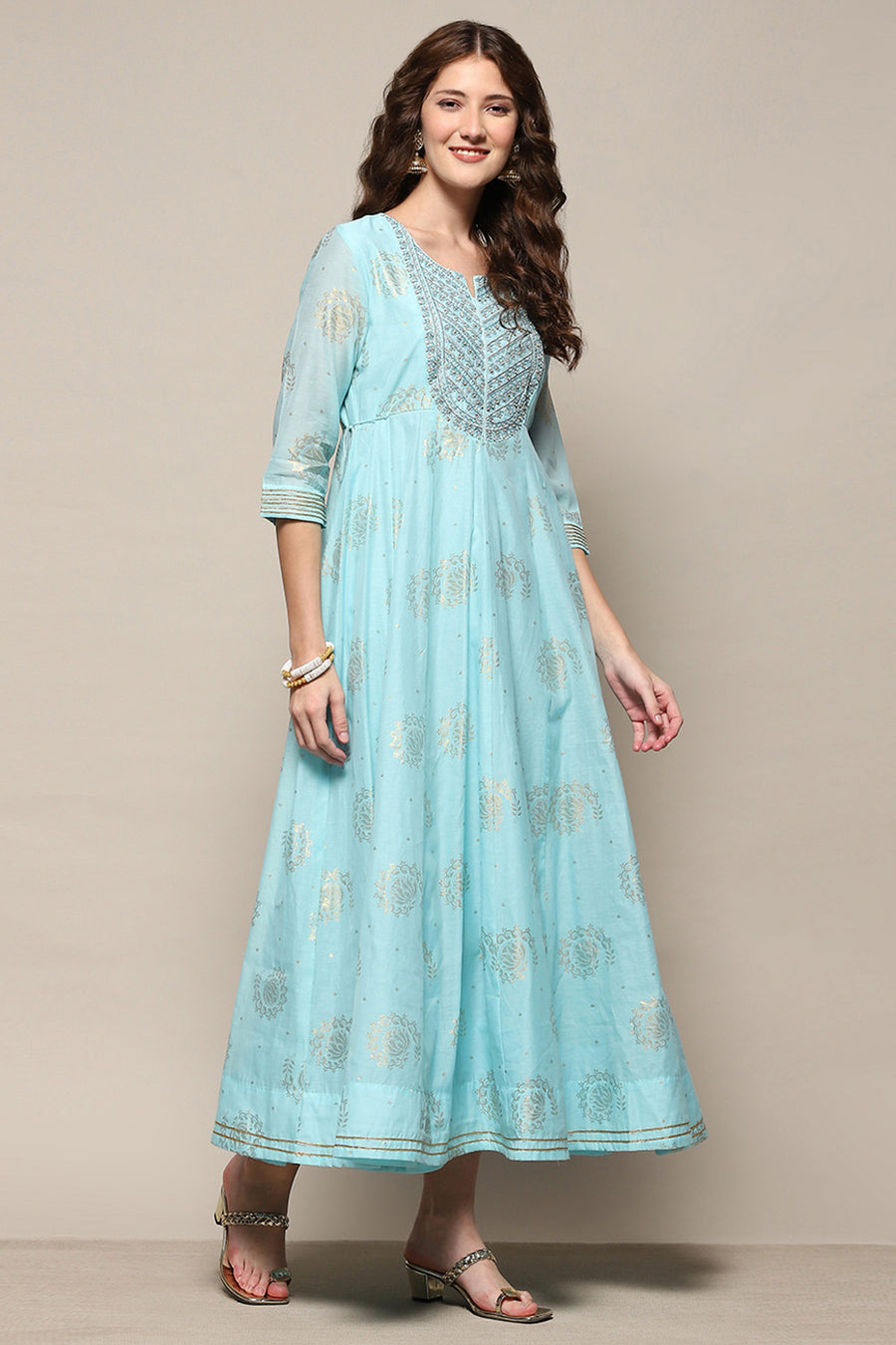 Sky Blue Foil Printed Festive Flared Dress E45