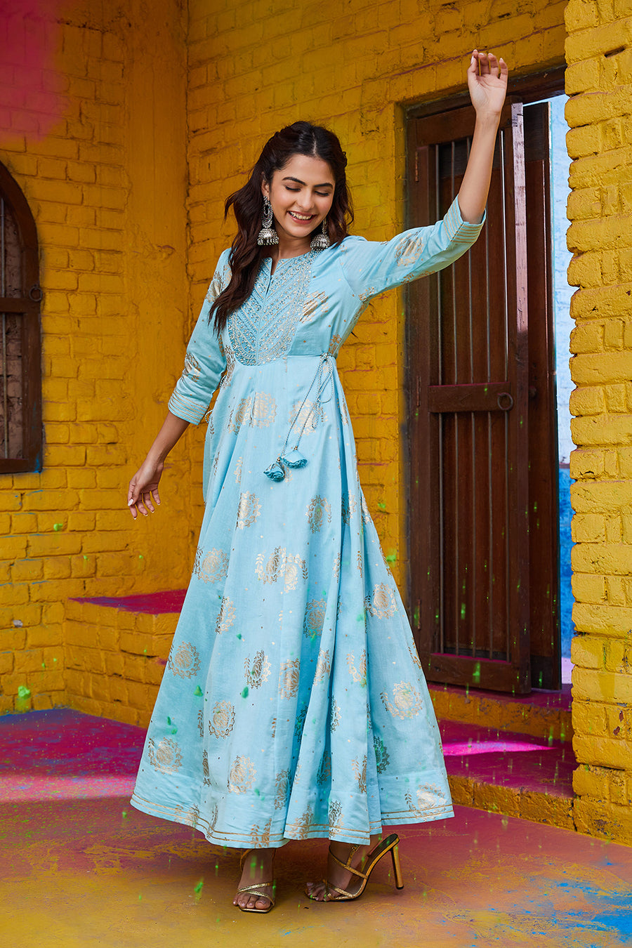 Sky Blue Foil Printed Festive Flared Dress E45