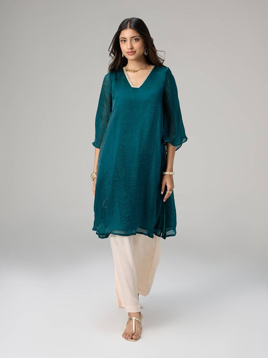 Teal Tissue Embellished Bell Sleeves Kurta Reshami Sandook | KDG - view 2