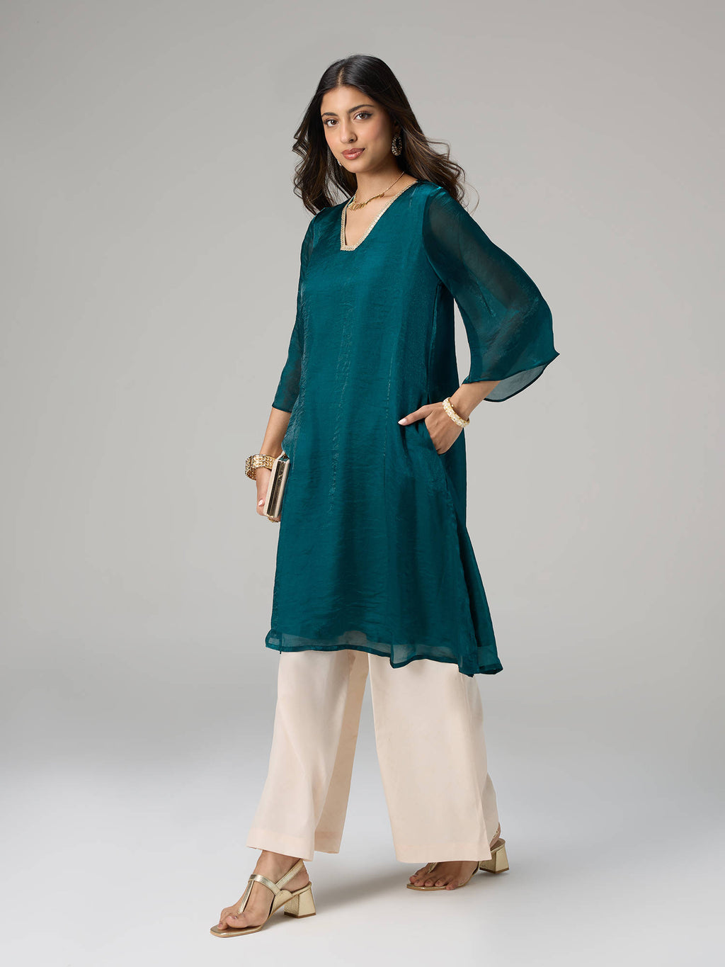 Teal Tissue Embellished Bell Sleeves Kurta Reshami Sandook | KDG - view 3