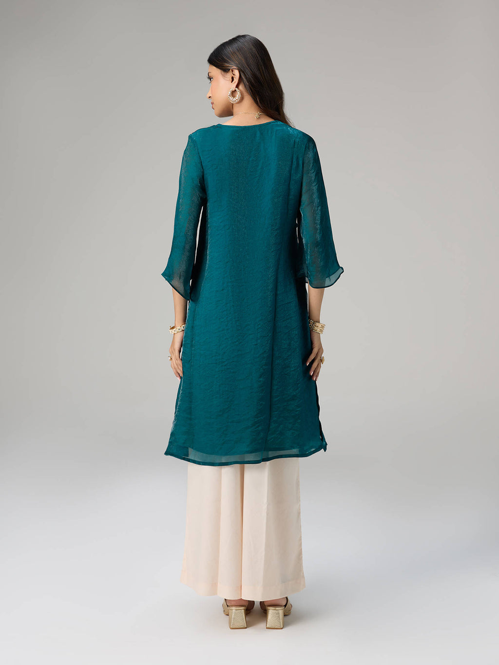 Teal Tissue Embellished Bell Sleeves Kurta Reshami Sandook | KDG - view 4