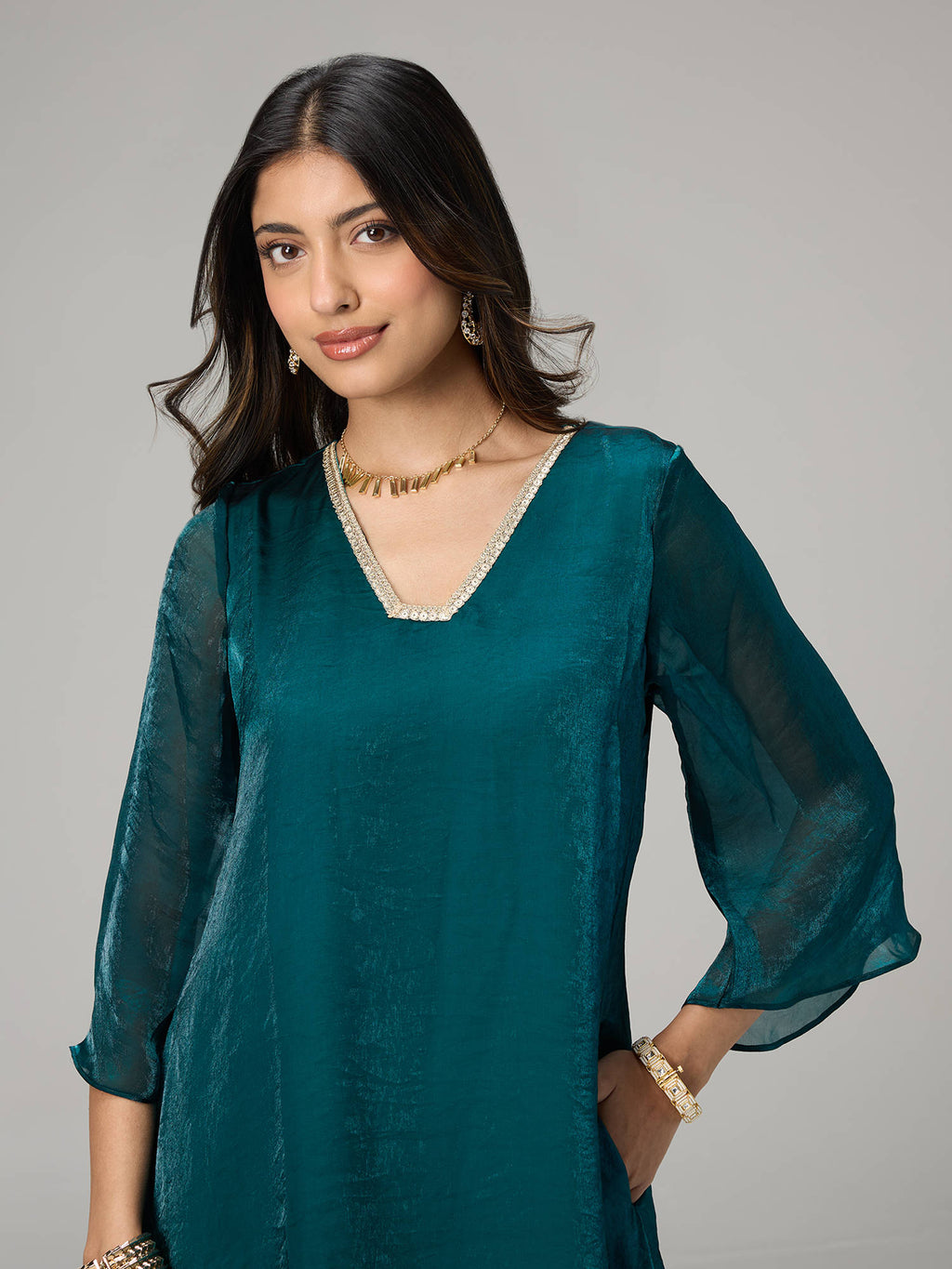 Teal Tissue Embellished Bell Sleeves Kurta Reshami Sandook | KDG - view 5