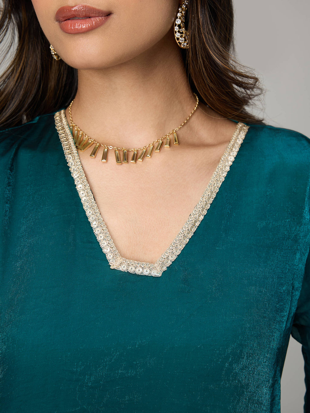 Teal Tissue Embellished Bell Sleeves Kurta Reshami Sandook | KDG - view 6