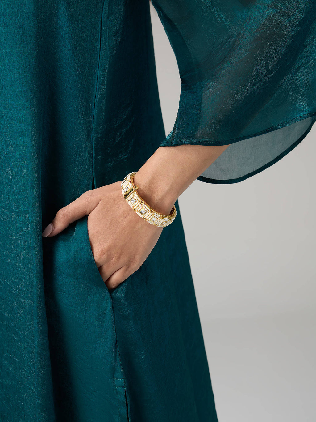 Teal Tissue Embellished Bell Sleeves Kurta Reshami Sandook | FY93 - view 7