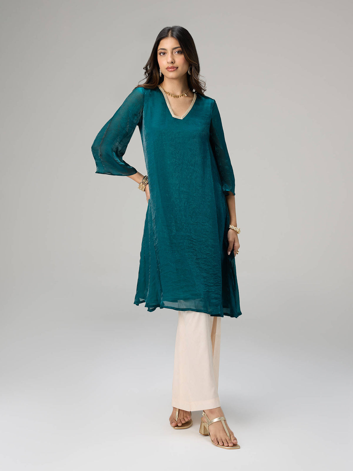 Teal Tissue Embellished Bell Sleeves Kurta Reshami Sandook | FY93 - view 8