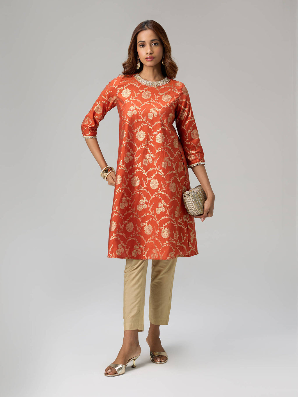 Off White Gadhwal Foil Printed Embellished Neck Kurta Brigade Bride | FY93 - view 36
