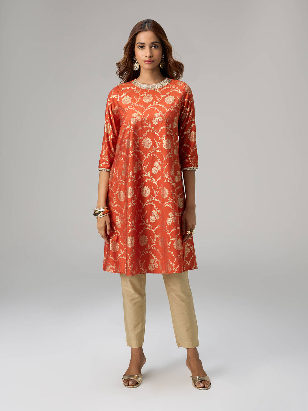 Orange Gadhwal Foil Printed Embellished Neck Kurta Brigade Bride | KDG - view 2