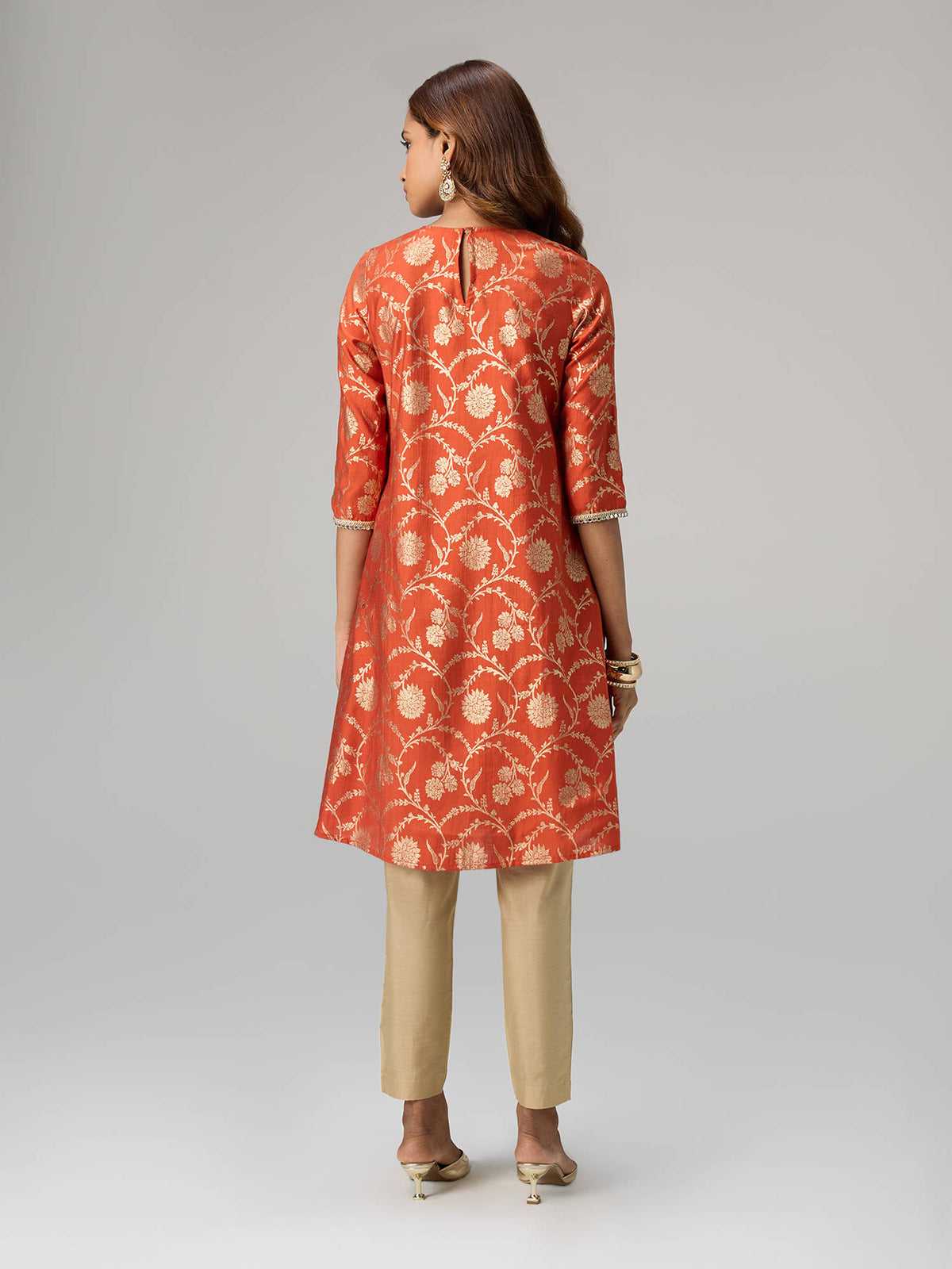 Orange Gadhwal Foil Printed Embellished Neck Kurta Brigade Bride | KDG - view 4