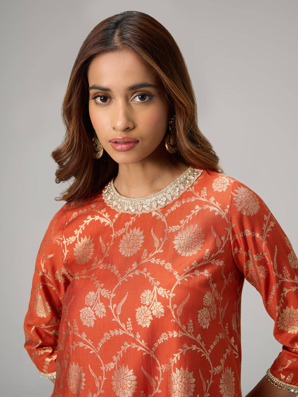 Orange Gadhwal Foil Printed Embellished Neck Kurta Brigade Bride | KDG - view 5