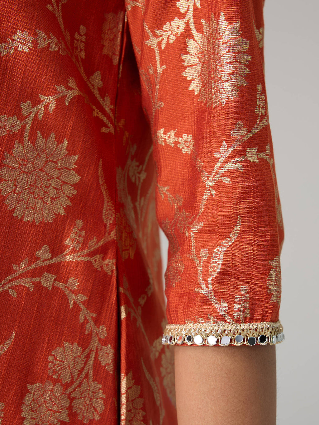 Orange Gadhwal Foil Printed Embellished Neck Kurta Brigade Bride | KDG - view 7
