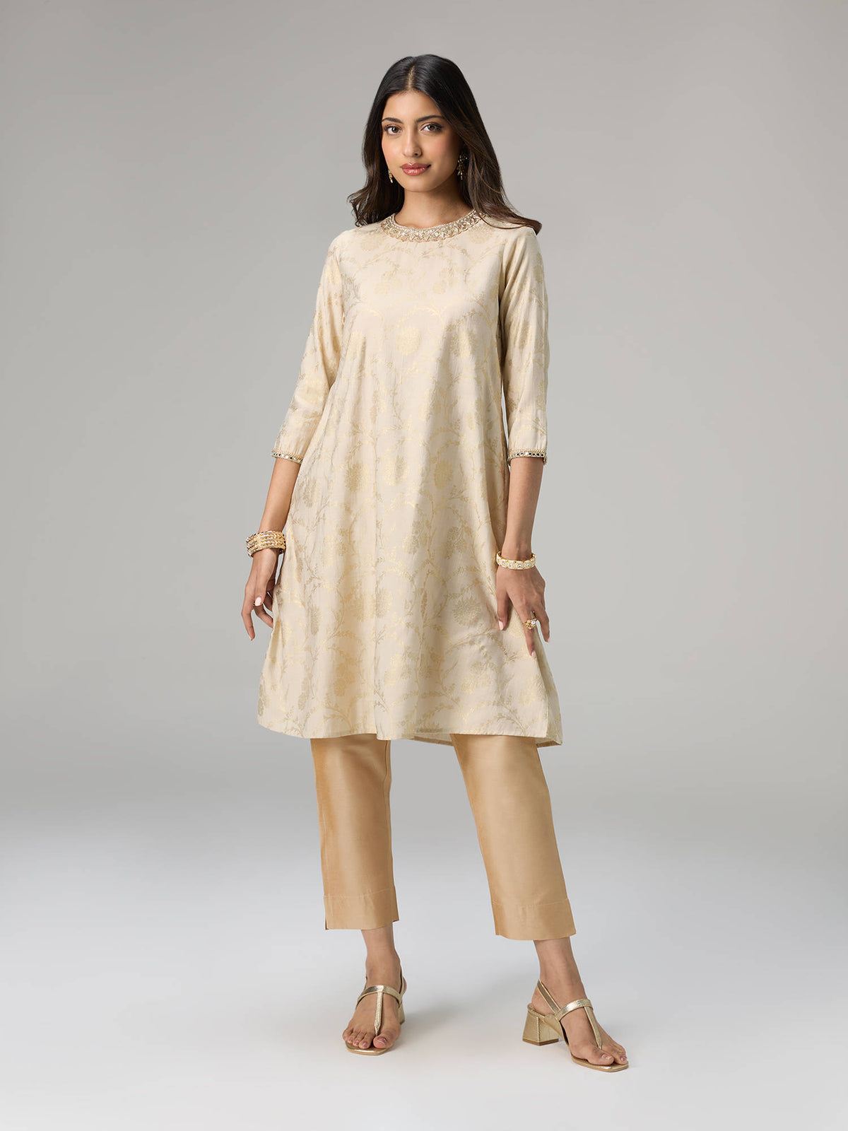 Off White Gadhwal Foil Printed Embellished Neck Kurta Brigade Bride | FY93 - view 2