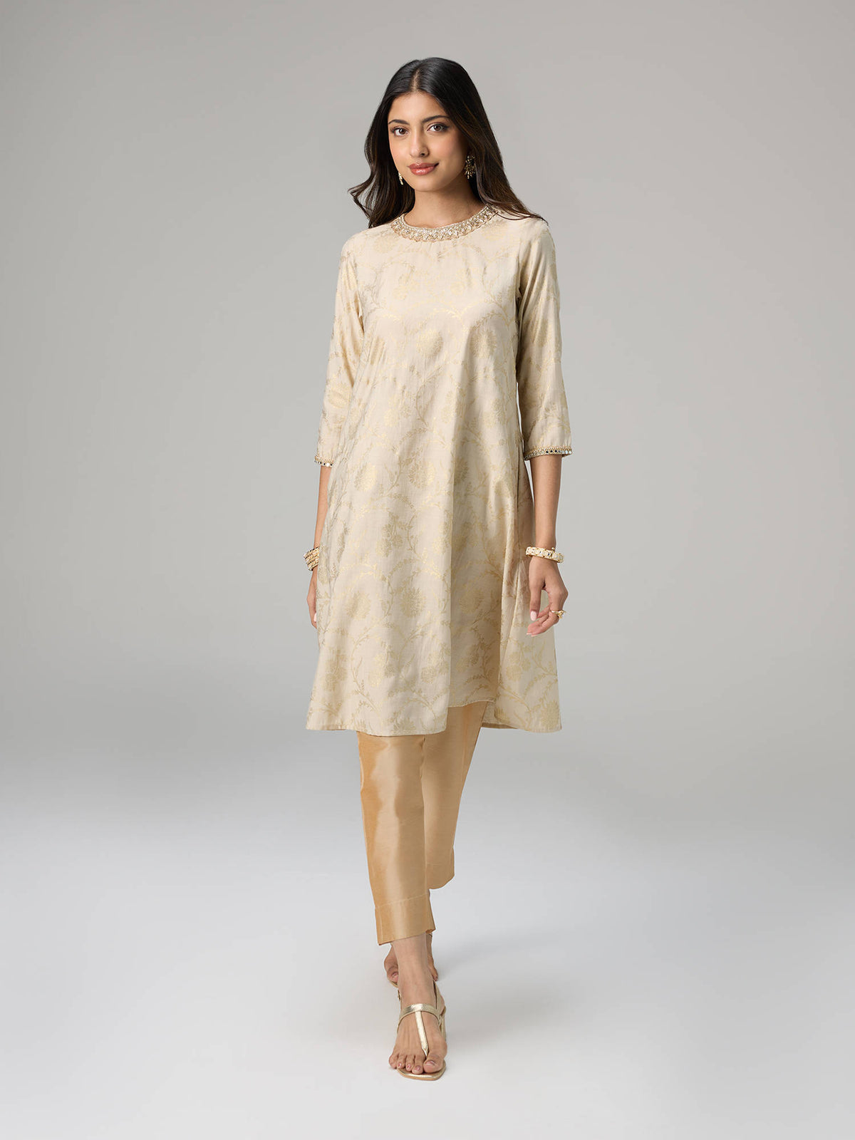 Off White Gadhwal Foil Printed Embellished Neck Kurta Brigade Bride | U3S - view 8