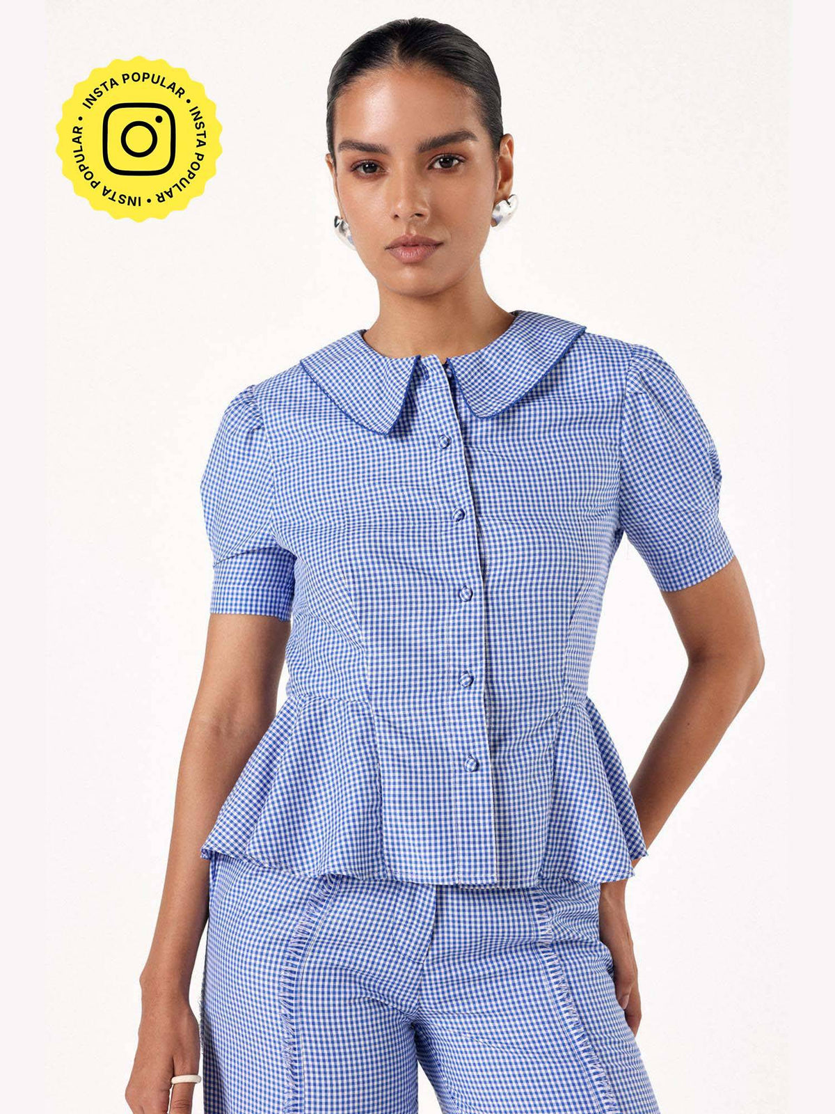 Blue Pure Cotton Checks Peplum Top | pt51 - view 1