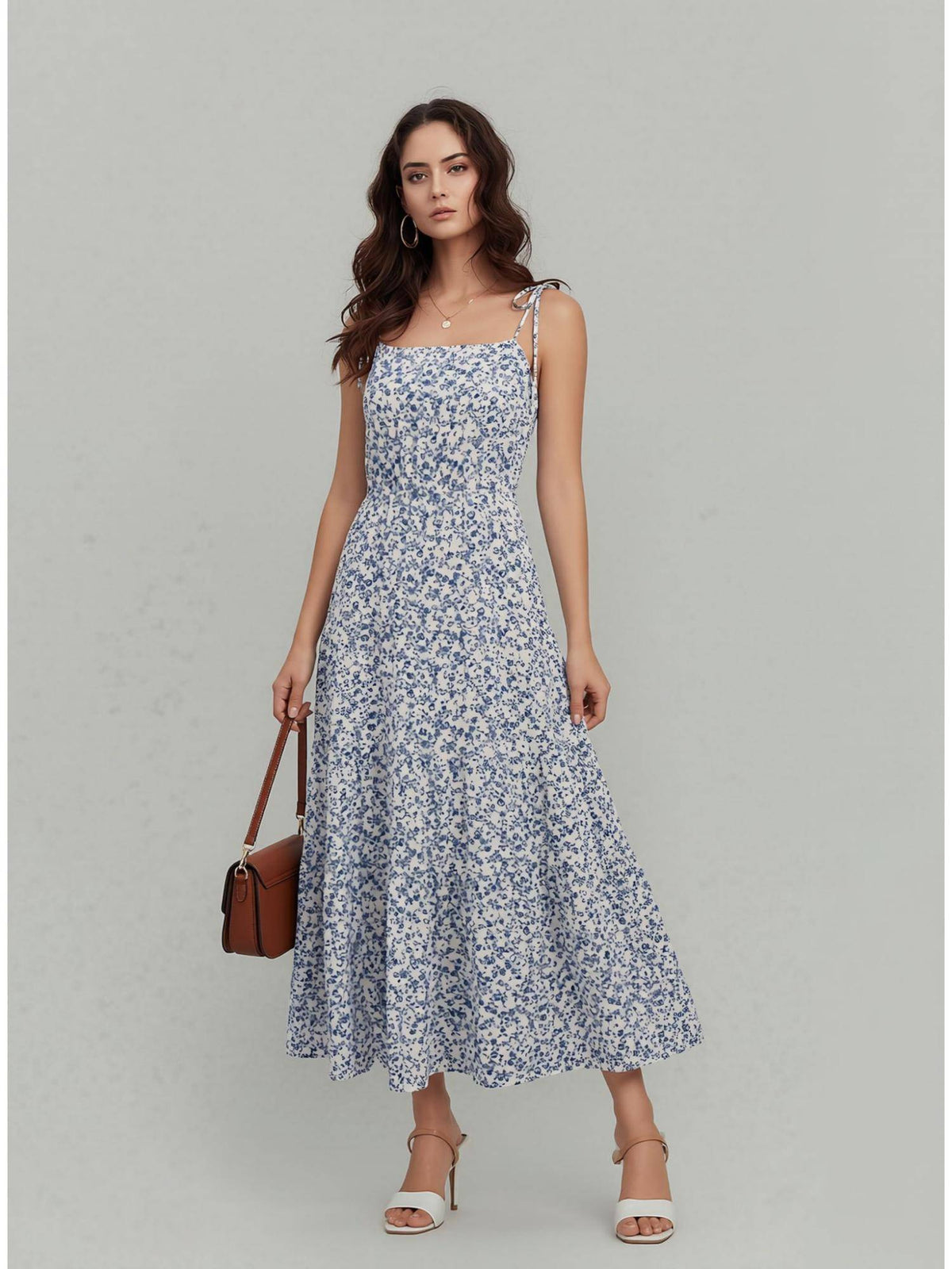 Womens White Blue Floral Midi Dress | D56 - view 1