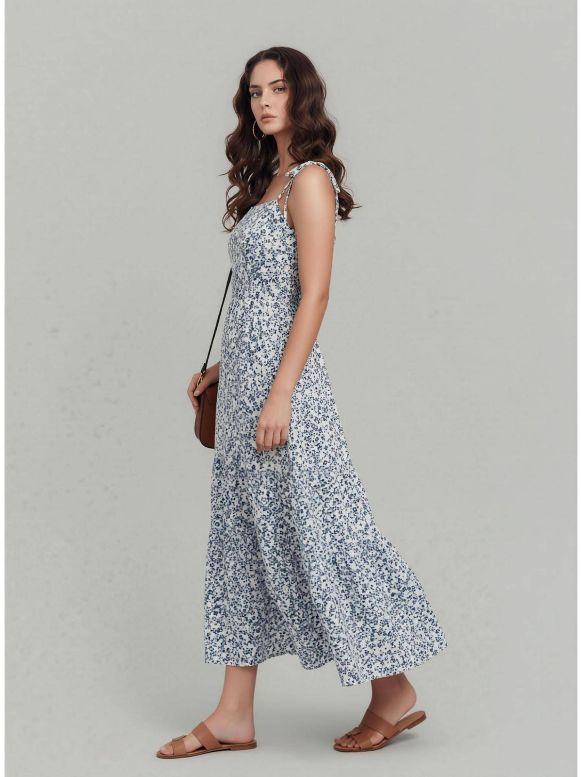 Womens White Blue Floral Midi Dress | D56 - view 3