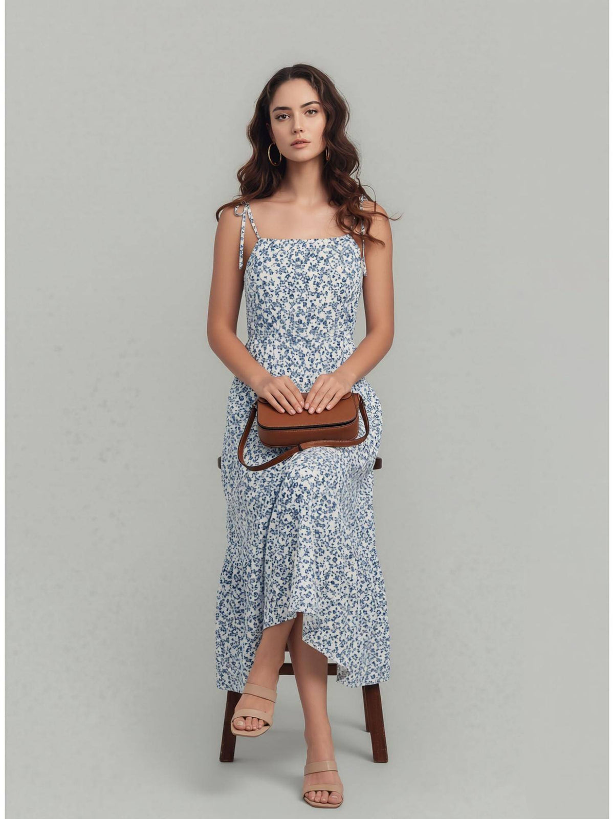 Womens White Blue Floral Midi Dress | D56 - view 4