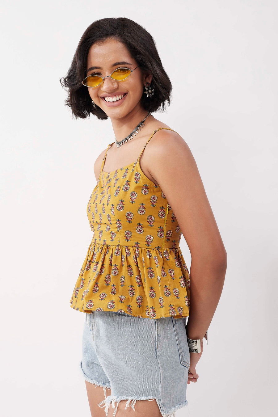 Mustard Cotton Floral Tie-Up Back Top K60
