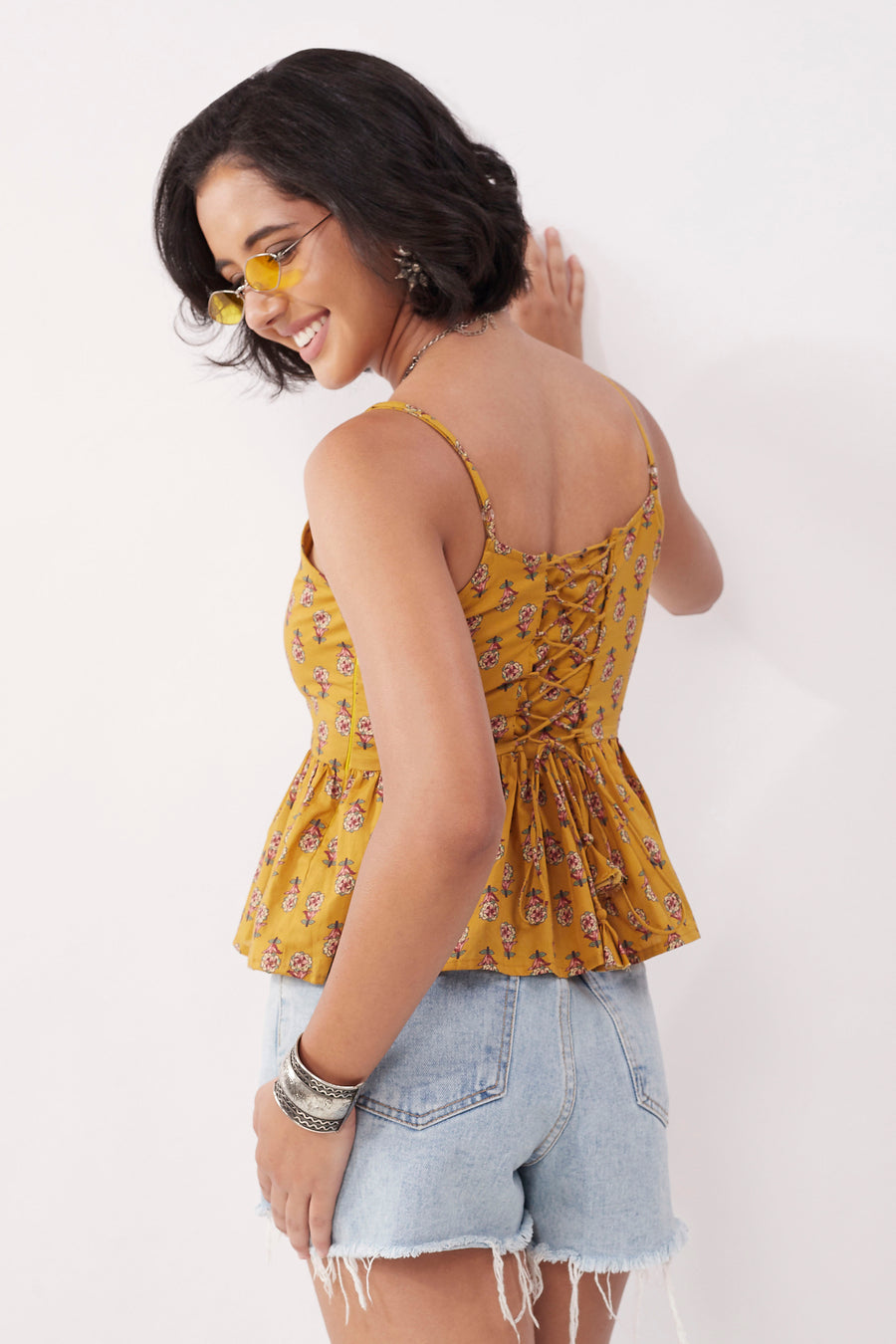 Mustard Cotton Floral Tie-Up Back Top K60