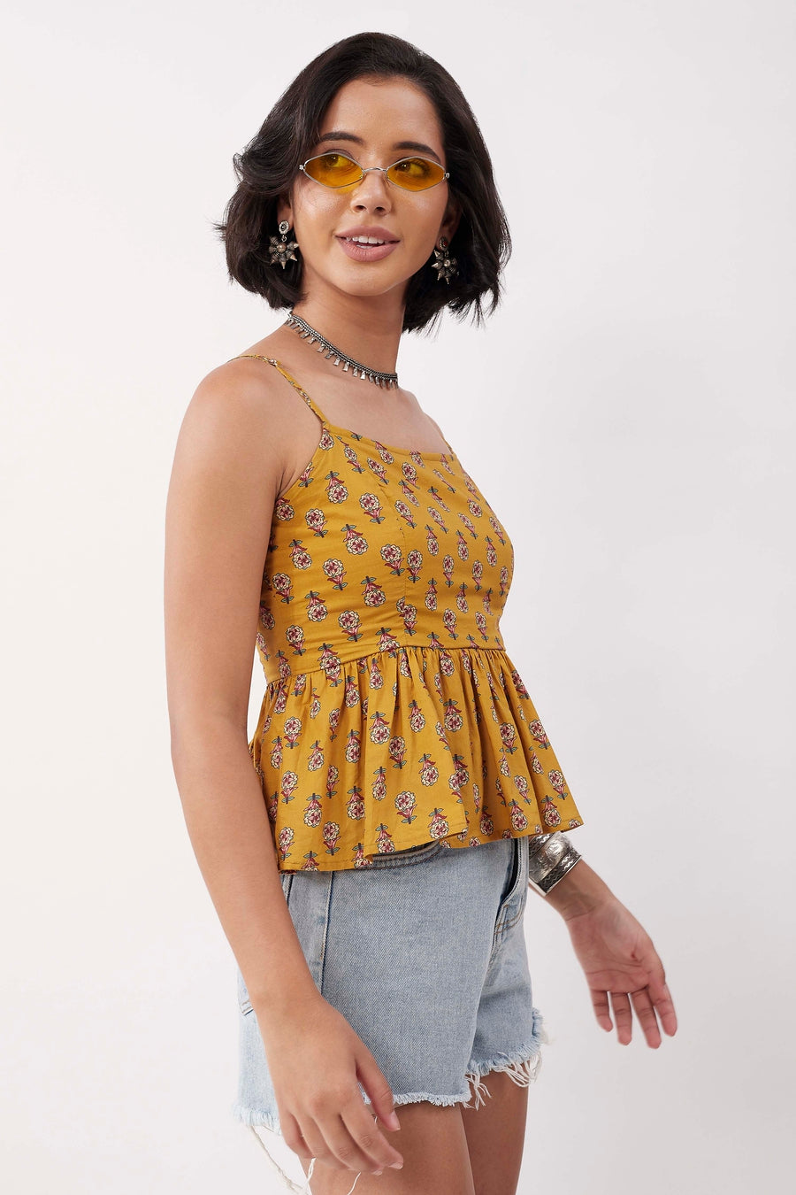 Mustard Cotton Floral Tie-Up Back Top K60