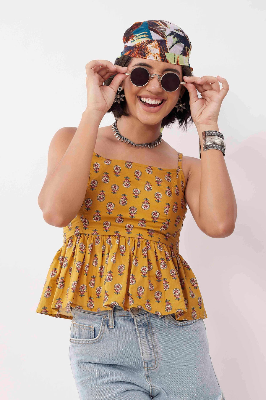 Mustard Cotton Floral Tie-Up Back Top K60