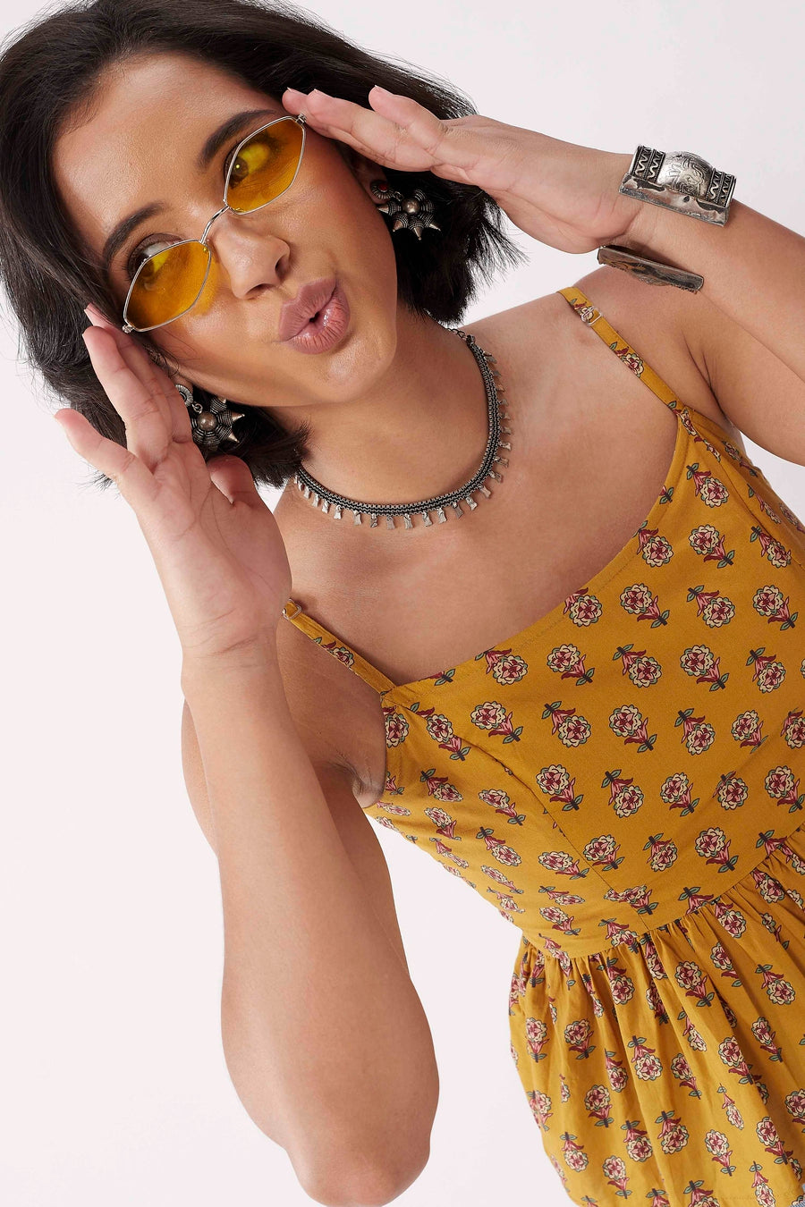 Mustard Cotton Floral Tie-Up Back Top K60