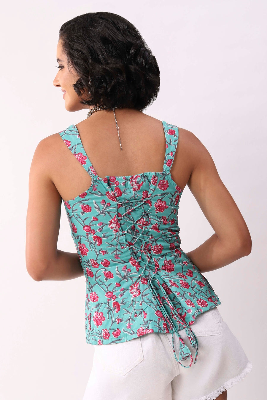 Turquoise Cotton Floral Tie-Up Back Strappy Top K60