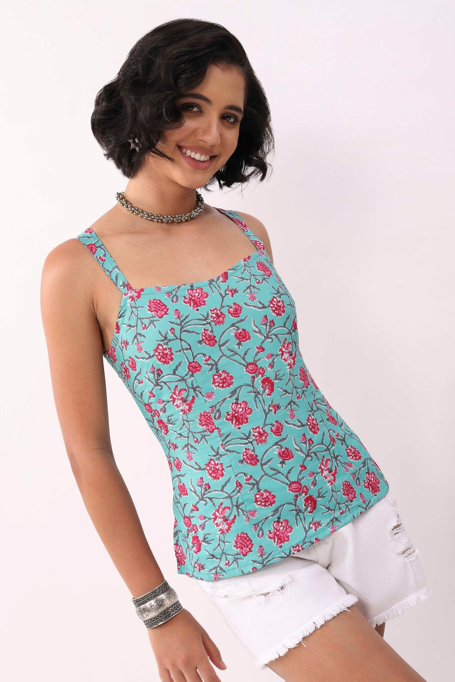 Turquoise Cotton Floral Tie-Up Back Strappy Top K60