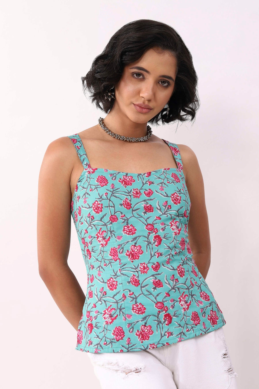 Turquoise Cotton Floral Tie-Up Back Strappy Top K60