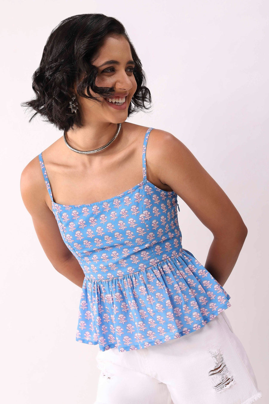 Blue Cotton Floral Tie-Up Back Peplum Top K60