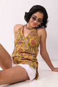 Mustard Cotton Floral Halter Lace-Up Kurti K60