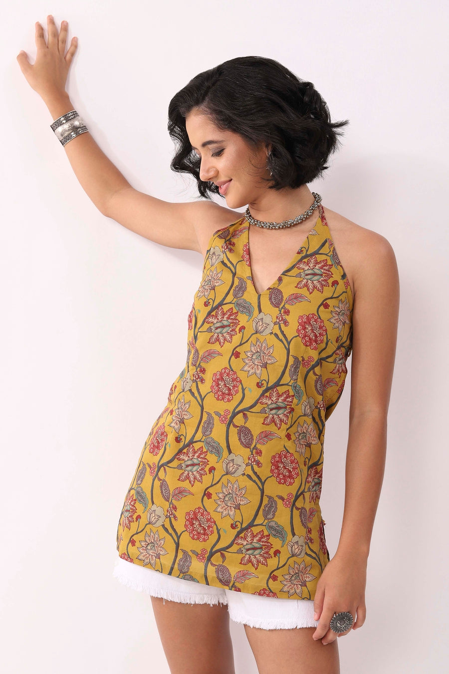 Mustard Cotton Floral Halter Lace-Up Kurti K60