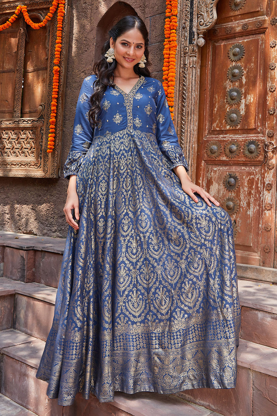 Navy LIVA Straight Printed Dress E45