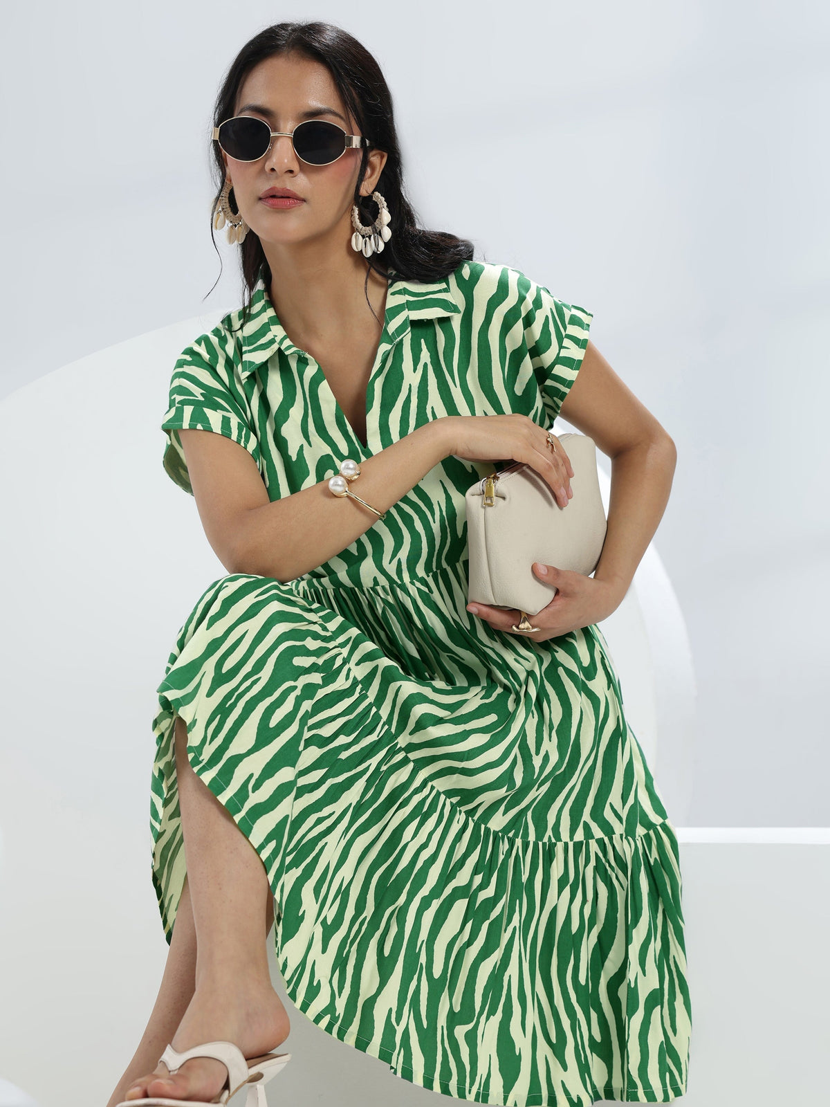 Libas Green Abstract Printed Rayon One-Piece Dress