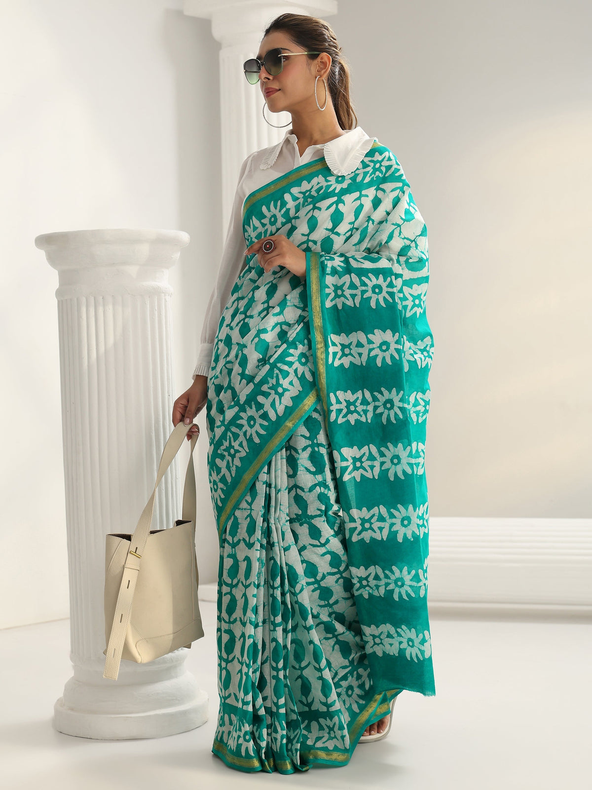 Libas Green Batik Print Cotton Saree