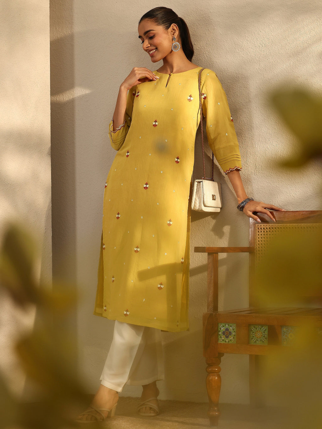 Libas Green Embroidered Chanderi Cotton Straight Kurta