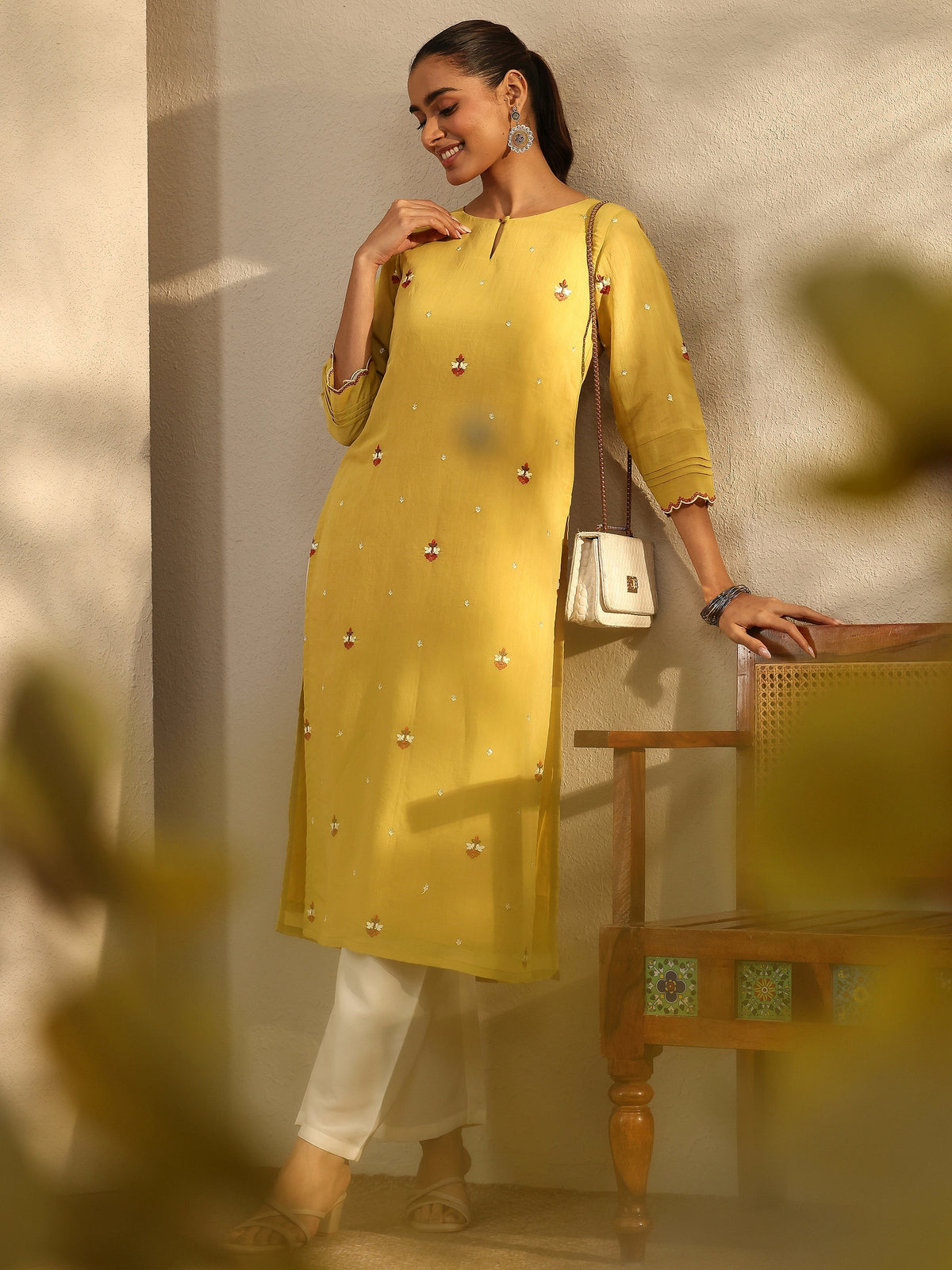 Libas Green Embroidered Chanderi Cotton Straight Kurta