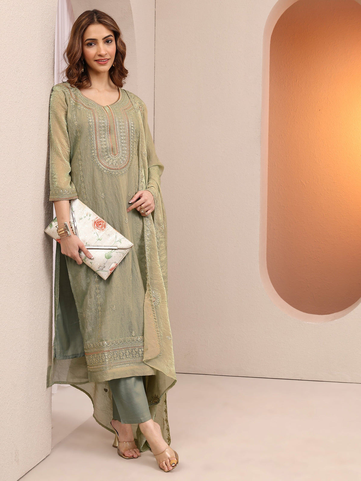 Libas Green Embroidered Organza Straight Suit Set With Dupatta