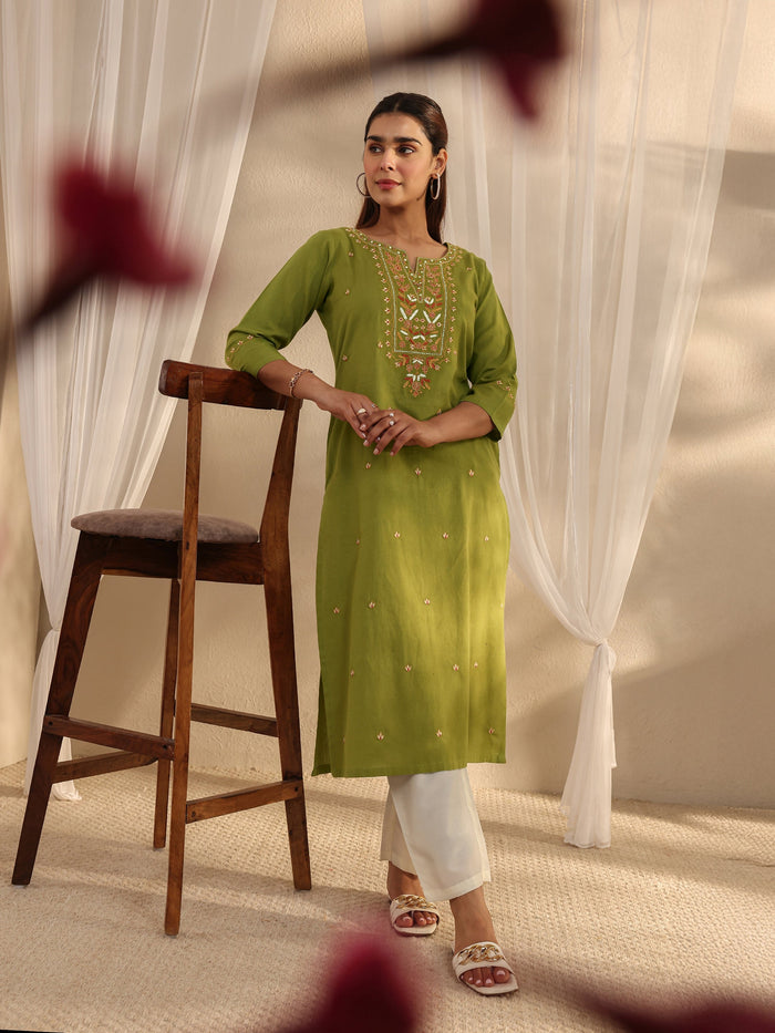 Libas Green Ethnic Motif Embroidered Cotton Straight Kurta