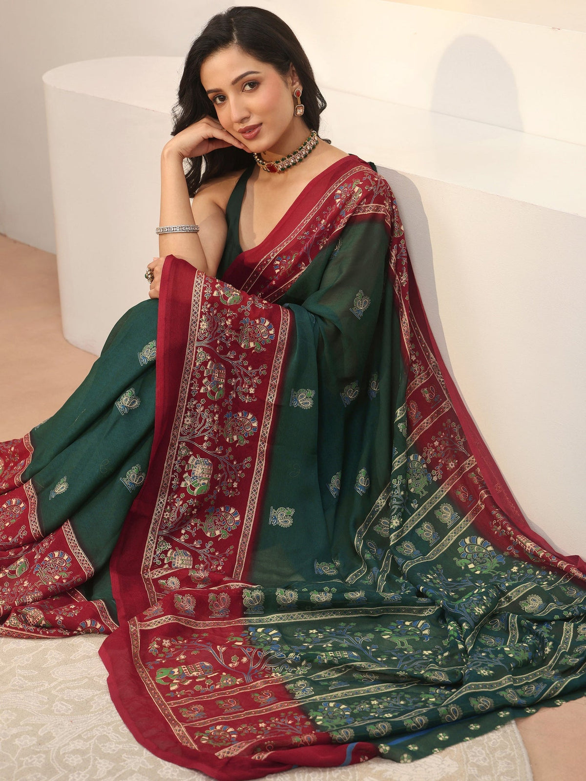 Libas Green Ethnic Printed Georgette Saree S45