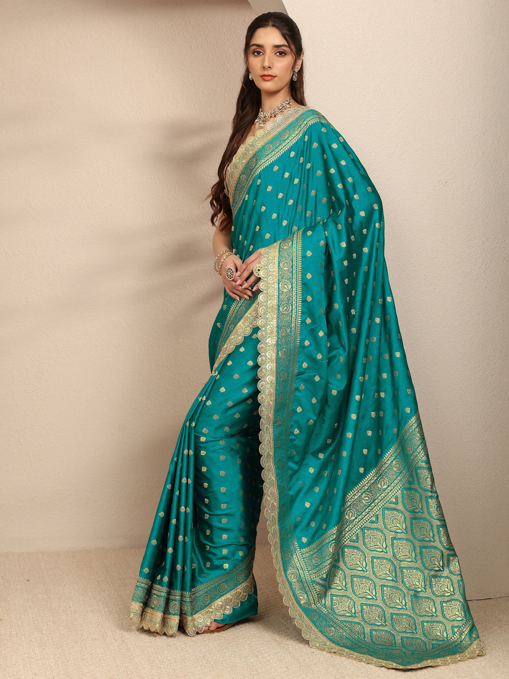 Libas Green Ethnic Motifs Woven Design Silk Blend Saree With Unstitched Blouse Piece