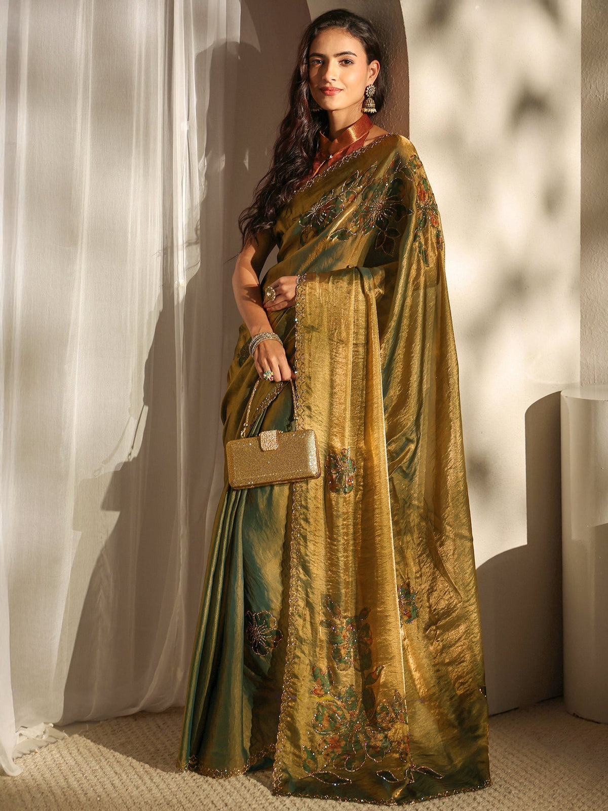 Libas Green Floral Embellished Tissue Saree With Unstitched Blouse Piece S45