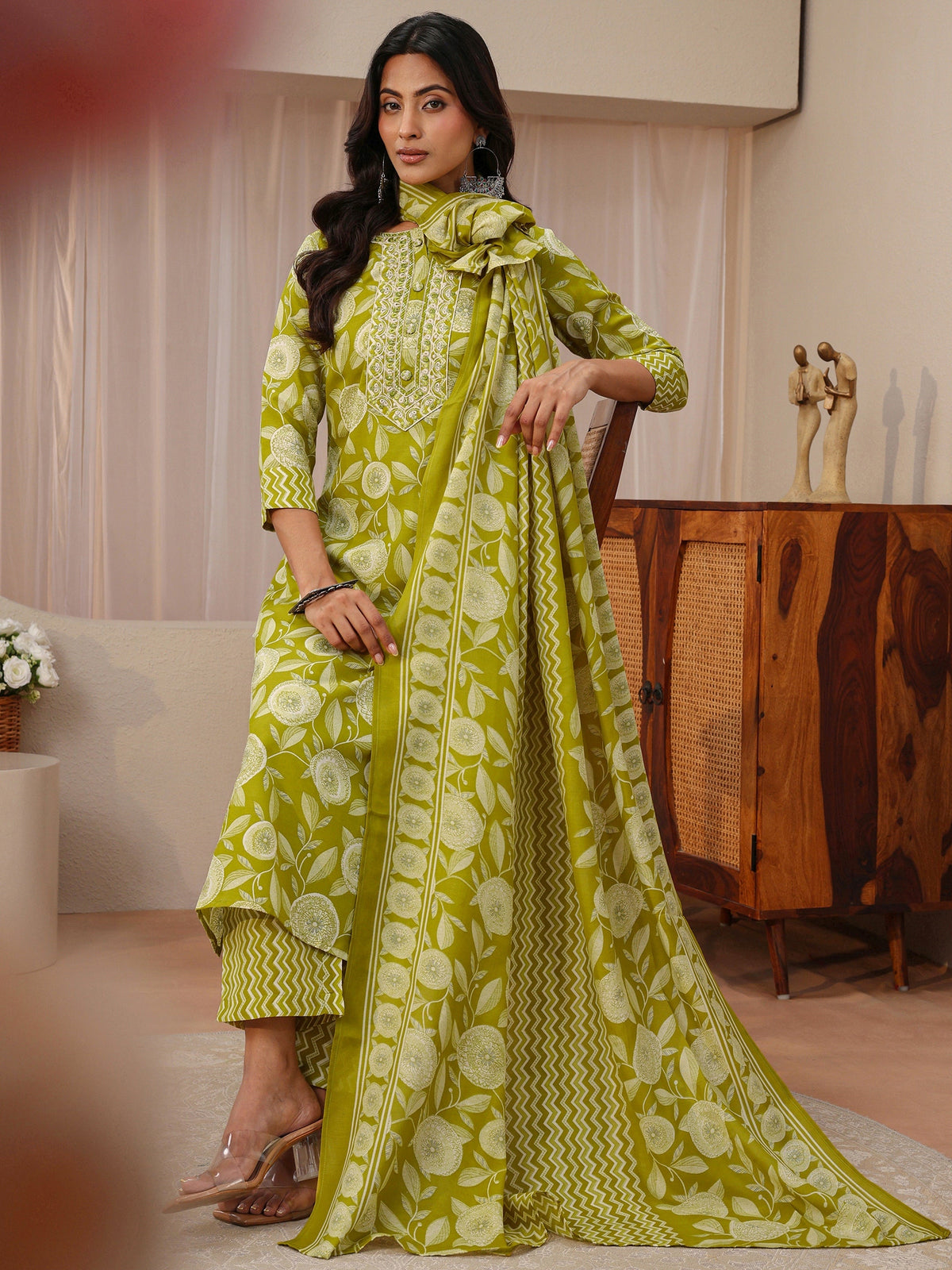 Gerua Green Floral Printed Cotton Blend Straight Suit Set